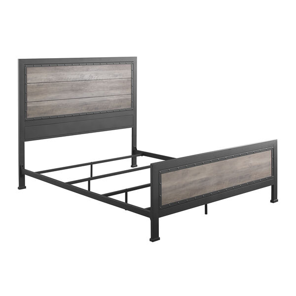 Queen Size Industrial Wood and Metal Bed - Grey Wash, image 5