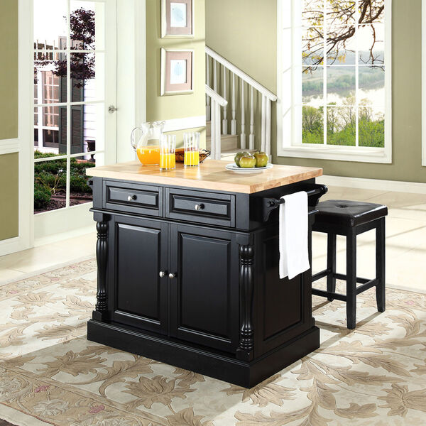 Butcher Block Top Kitchen Island in Black Finish with 24-Inch Black Upholstered Square Seat Stools, image 4