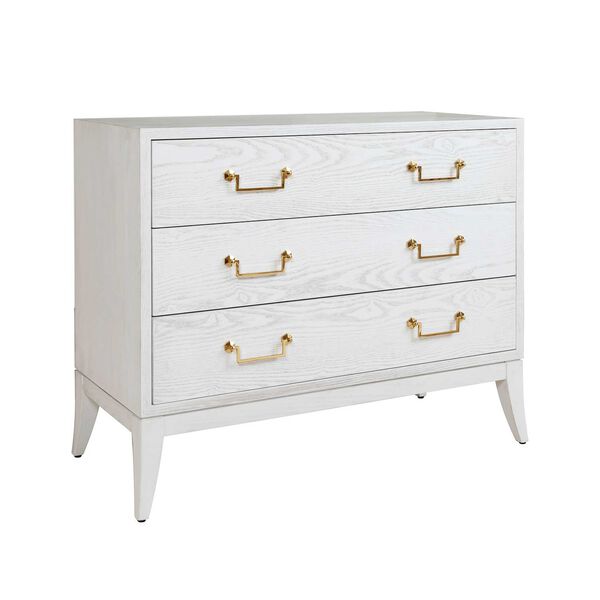 Avis White Washed Oak Sabre Leg 3 Drawer Chest with Brass Swing Handle, image 2