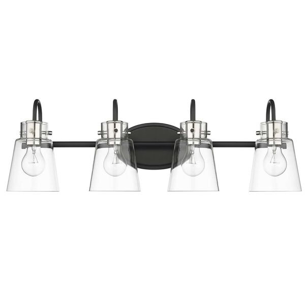 Bristow Matte Black and Polished Nickel Four-Light Bath Vanity with Clear Glass, image 1