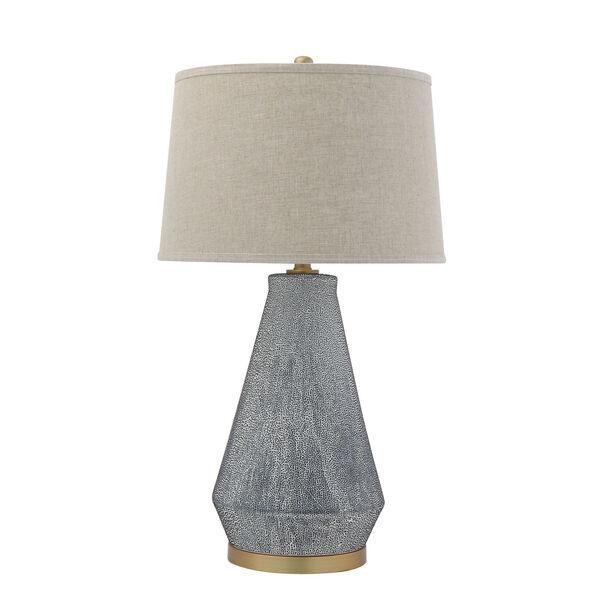 Terrain Textured Blue Glaze Ceramic Table Lamp with Natural Linen Shade, image 1