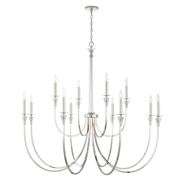 Laurent Polished Nickel 12-Light Chandelier with Crystal Column and Bobeches, image 1