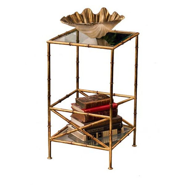Antique Gold Bamboo Two Tier Accent Table with Glass, image 1