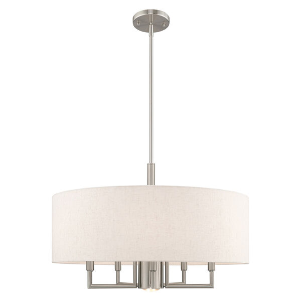 Meridian Brushed Nickel 24-Inch Six-Light Pendant Chandelier with Hand Crafted Oatmeal Hardback Shade, image 1