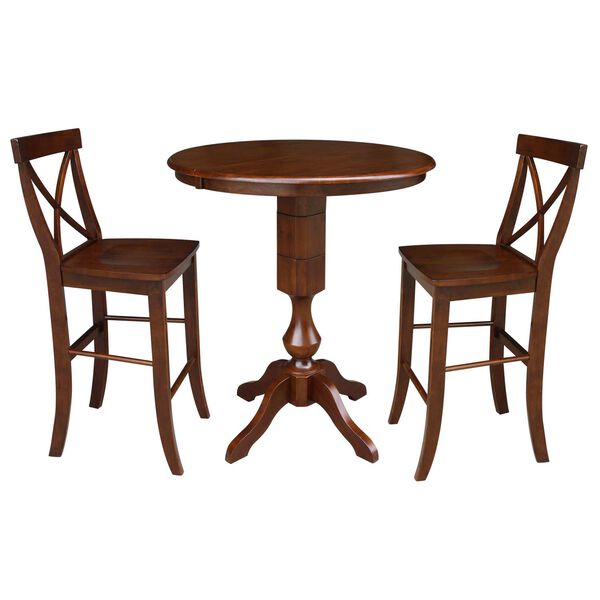 Espresso Round Top Bar Height Table with 12-Inch Leaf and X-Back Stools, 3-Piece, image 1