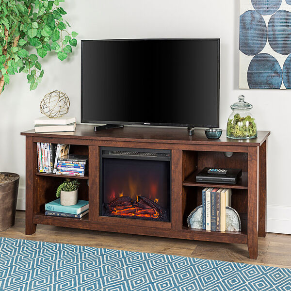 58-Inch Wood TV Stand Console with Fireplace - Brown, image 1
