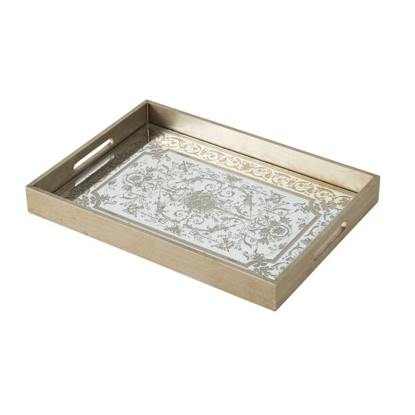 Gold and Mirror Decorative Tray with Floral Design, image 1