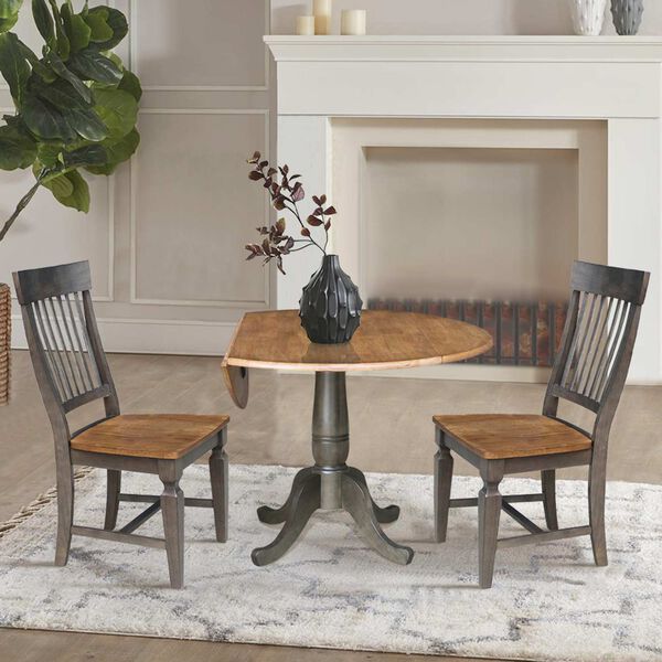 Hickory Washed Coal Round Dual Drop Leaf Dining Table with Two Slatback Chairs, 3 Piece Set, image 4