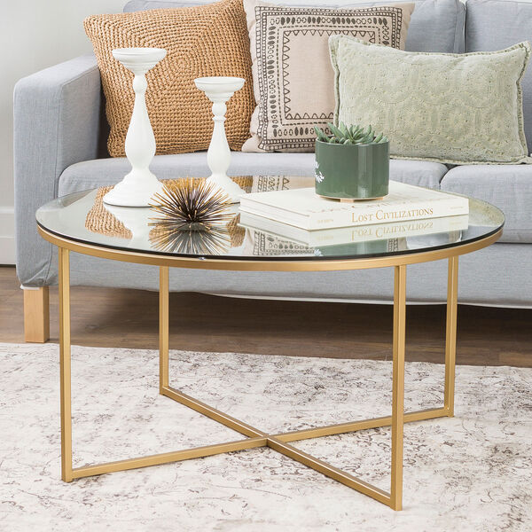 36-Inch Coffee Table with X-Base - Glass/Gold, image 2