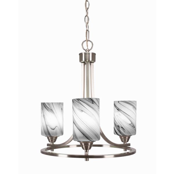 Paramount Brushed Nickel Three-Light Chandelier with Onyx Cylinder Swirl Glass, image 1