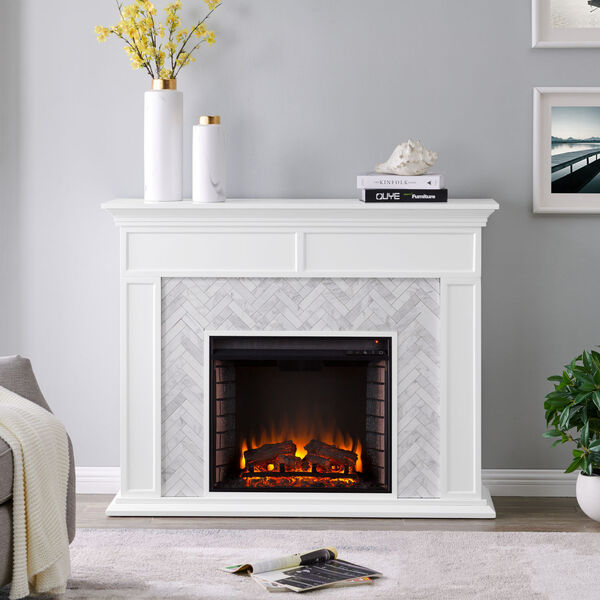 Torlington White Marble Tiled Electric Fireplace, image 1