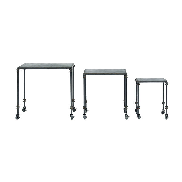 Black Distressed Metal Nesting Tables on Casters, image 1
