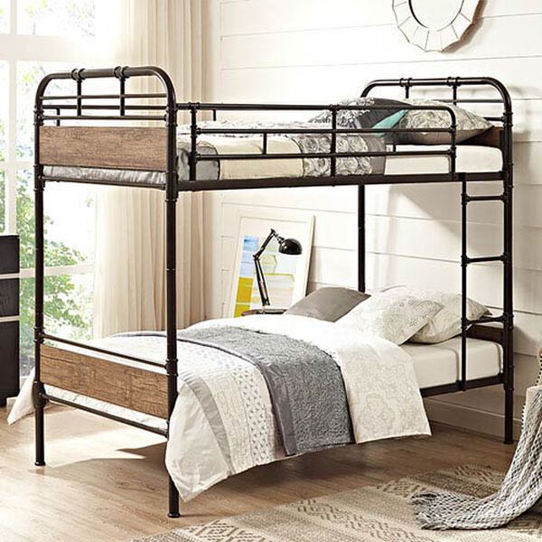 Twin over Twin Metal Wood Bunk Bed - Black, image 2