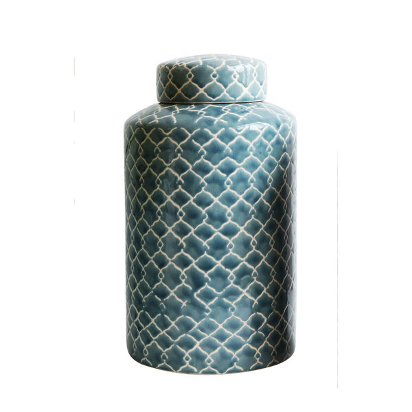 Tall Blue Fret Hand-Painted Ginger Jar, image 1