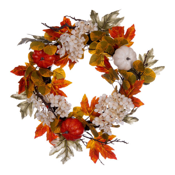Orange and White 22-Inch Fall Pumpkin Hydrangea Wreath, image 1