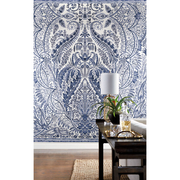 Damask Resource Library Blue and White 108 In. x 134 In. Jaipur Paisley Wallpaper Mural, image 2