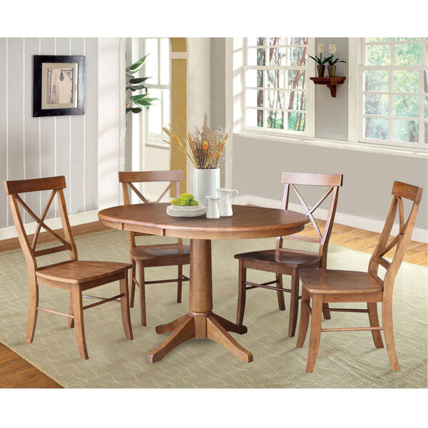 Distressed Oak 30-Inch Round Extension Dining Table with Four X-Back Chair, image 3