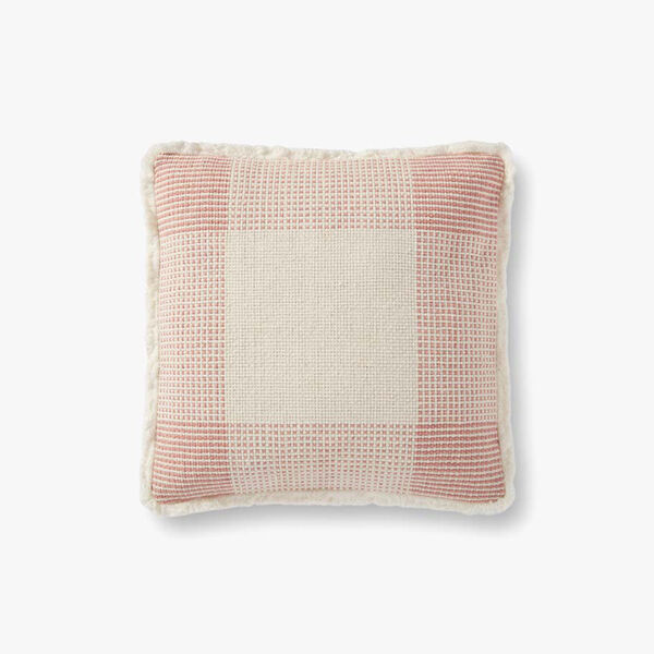Natural and Pink Fringed Geometric Woven Plaid Throw Pillow, image 1