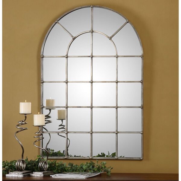 Barwell Forged Metal with Oxidized Plated Silver Arch Window Mirror, image 1