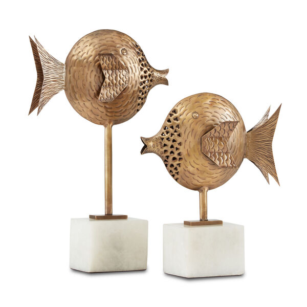 Cici Antique Brass Fish Figurine on White Marble Base, Set of 2, image 2