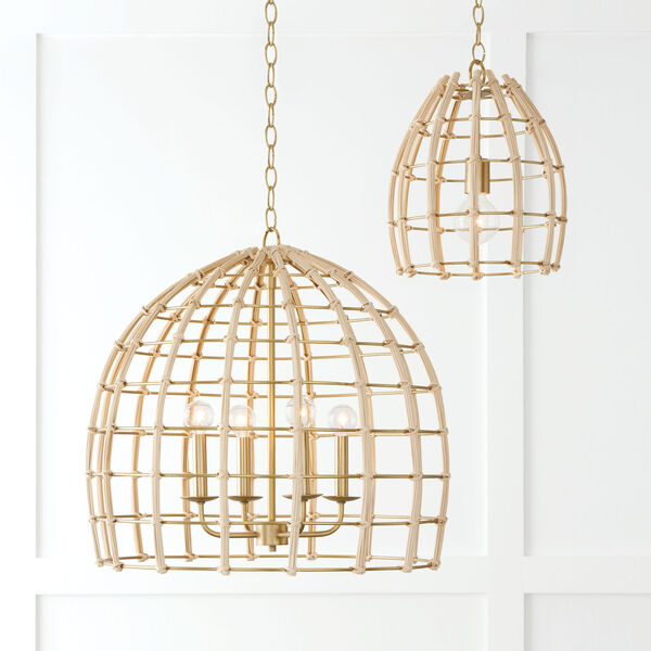 Wren Matte Brass Four-Light Pendant Made with Handcrafted Rattan, image 2