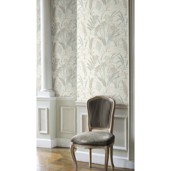 Grandmillennial Brown Blue Fernwater Cranes Pre Pasted Wallpaper, image 1