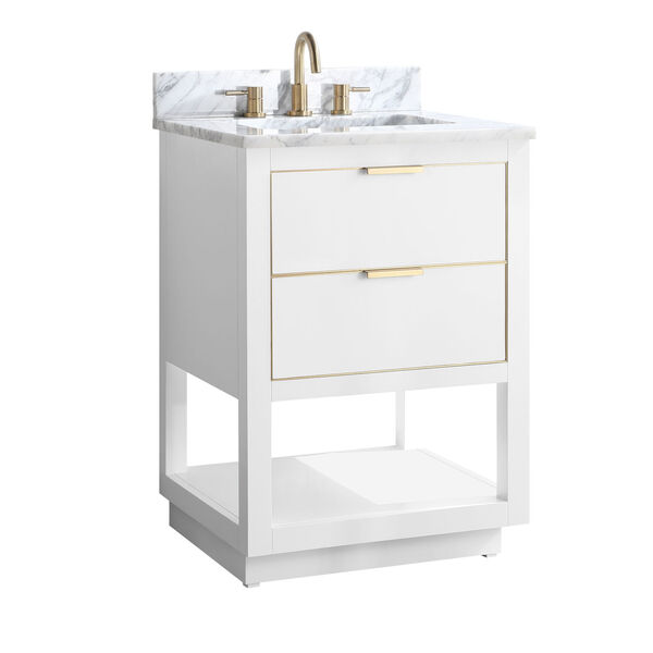 White 25-Inch Bath vanity with Gold Trim and White Marble Top, image 2