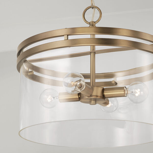 Fuller Aged Brass Four-Light Semi Flush Mount with Clear Glass, image 3