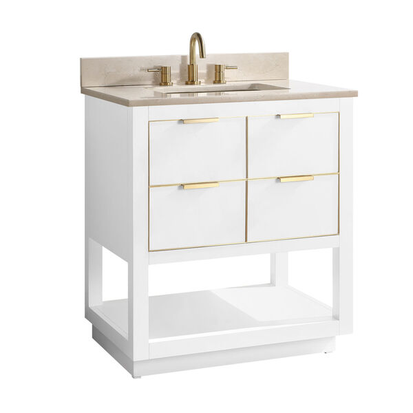 White 31-Inch Bath vanity with Gold Trim and Crema Marfil Marble Top, image 2