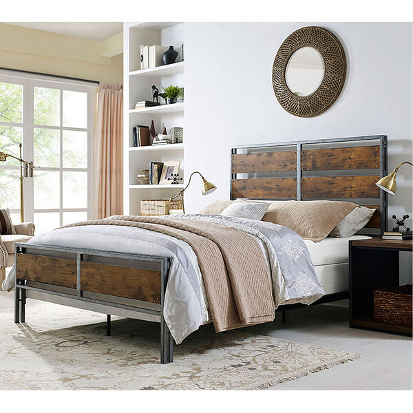Queen Size Metal and Wood Plank Bed - Brown, image 1