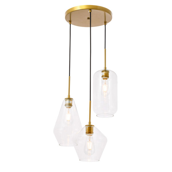 Gene Brass 17-Inch Three-Light Pendant with Clear Glass, image 4