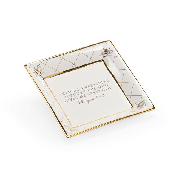 Shayla Copas White Glaze and Metallic Gold Square Bee Verse Plate, image 1