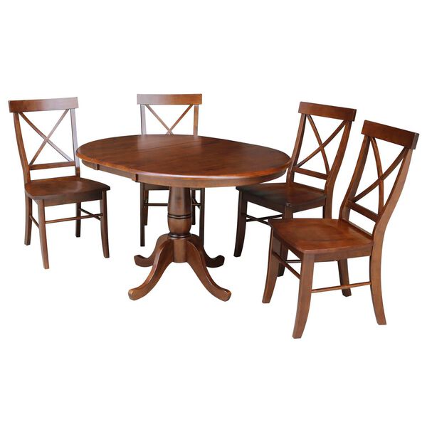 Espresso Round Top Pedestal Table with 12-Inch Leaf and X-Back Chairs, 5-Piece, image 1