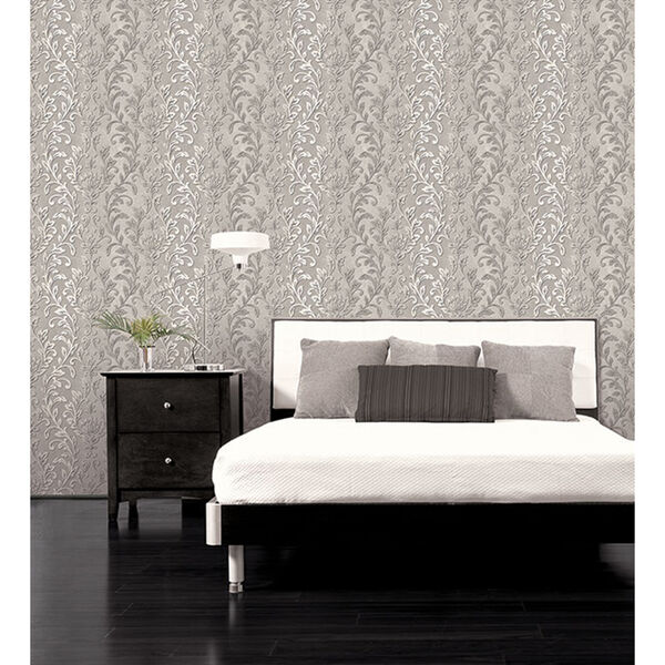 Silver Leaf Damask Black and Grey Wallpaper, image 2