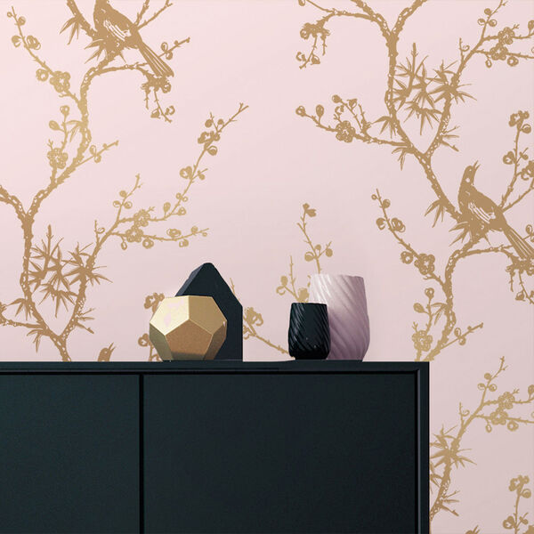 Bird Watching  Rose Pink and Gold Removable Wallpaper, image 1