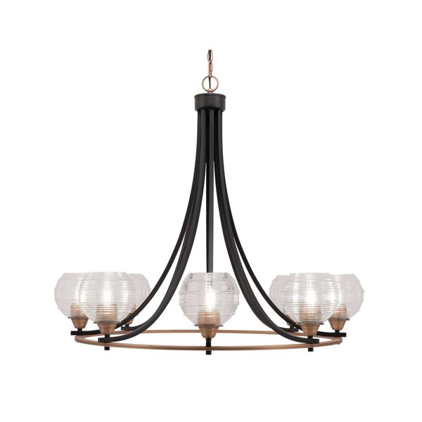 Paramount Matte Black Brass Eight-Light Chandelier with Clear Round Ribbed Glass, image 1