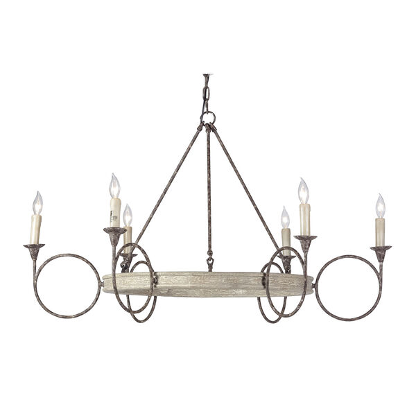 Bailey White Washed Wood and Rust Six-Light Chandelier, image 1