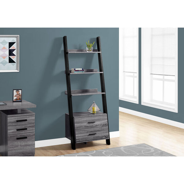 Grey-Black Ladder Bookcase with 2 Storage Drawer, image 1