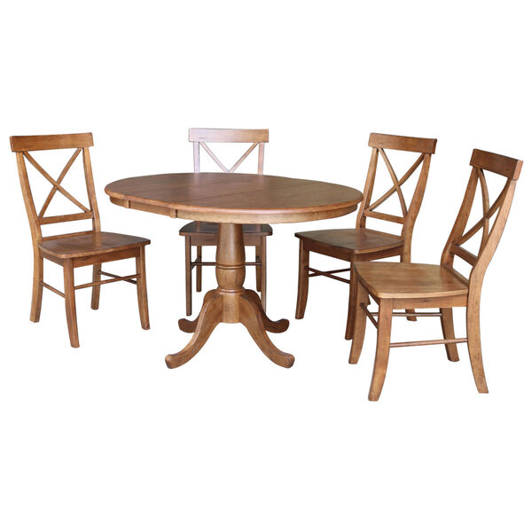 Distressed Oak 29-Inch Round Extension Dining Table with Four X-Back Chair, image 1