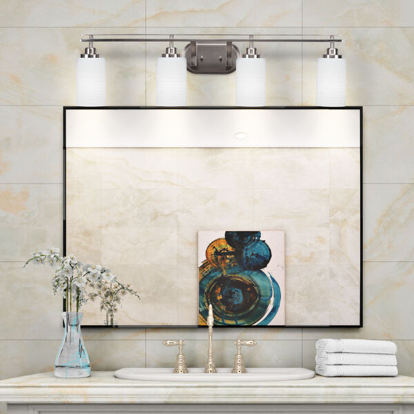 Odyssey Brushed Nickel Four-Light Bath Vanity with White Matrix Glass, image 2