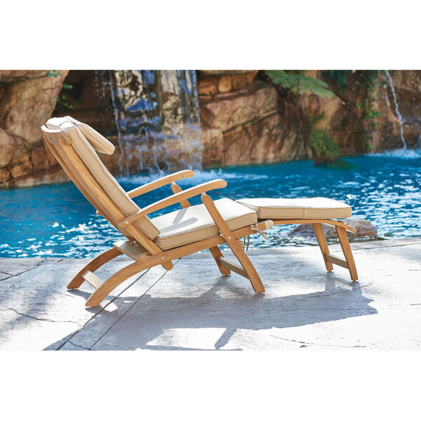 Steamer Natural Teak Folding Outdoor Deck Chair Lounge with Sunbrella Antique Beige Cushion, image 2