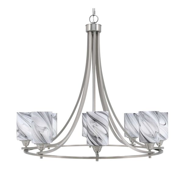Paramount Brushed Nickel Eight-Light Chandelier with Onyx Cylinder Swirl Glass, image 1