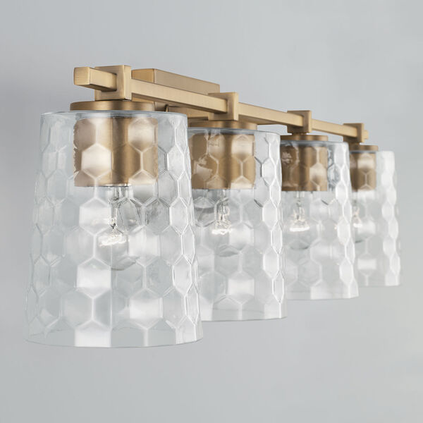 Burke Aged Brass Four-Light Bath Vanity with Clear Honeycomb Glass Shades, image 4
