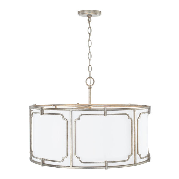 Merrick Antique Silver Four-Light Drum Pendant with White Fabric Shade and Glass Diffuser, image 3