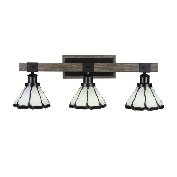 Tacoma Matte Black and Distressed Wood-lock Metal 28-Inch Three-Light Bath Light with Pearl and Black Flair Art Glass Shade, image 1