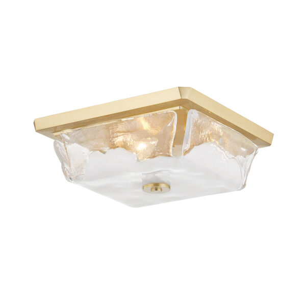 Hines Aged Brass Three-Light Flush Mount with Piastra White Glass Shade, image 1