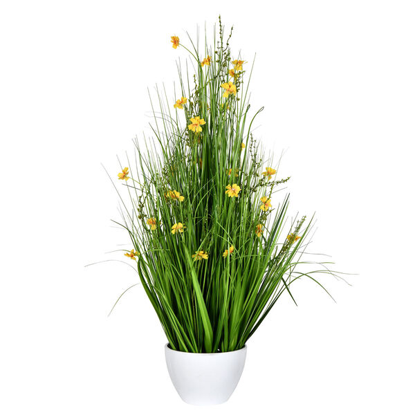 Green and Yellow 42-Inch Cosmos Grass with White Pot, image 1