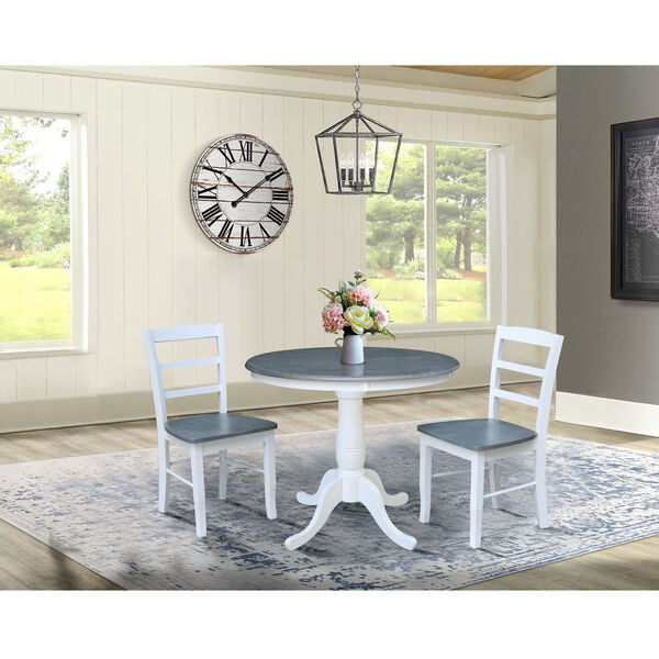 White and Heather Gray 36-Inch Round Pedestal Dining Table with Two Ladderback Chair, Three-Piece, image 1