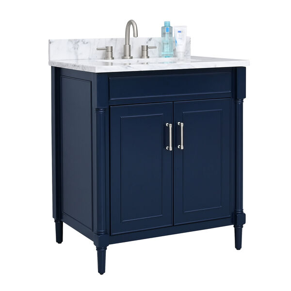 Bristol Navy Blue 37-Inch Vanity Set with Carrara White Marble Top, image 2