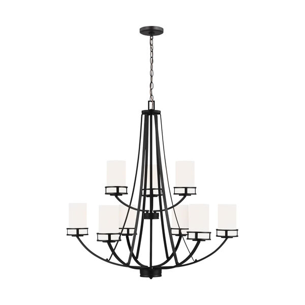 Robie Midnight Black Nine-Light Chandelier with Etched White Inside Shade, image 1